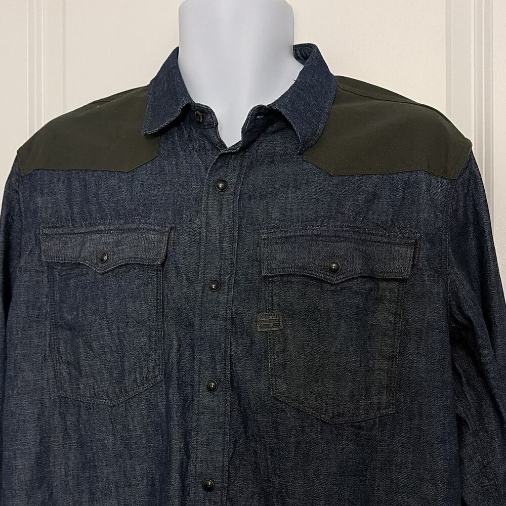 G star raw xl blue green denim pearl snap button up shirt long sleeve pockets